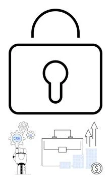 Large padlock symbolizing security with elements thumbs up CRM hand, business Stock Illustration