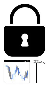 Large padlock, trading chart with fluctuating data, and pickaxe. Ideal for fi Illustrazione stock
