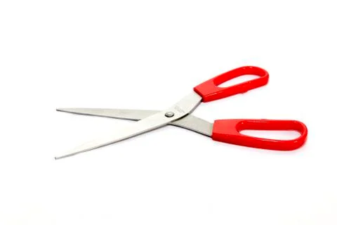 Large pair of kitchen scissors with red plastic handle Stock Photos