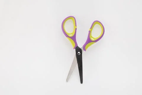Large Pair of Open Scissors Lying on White Surface for Cutting Task Stock-Fotos