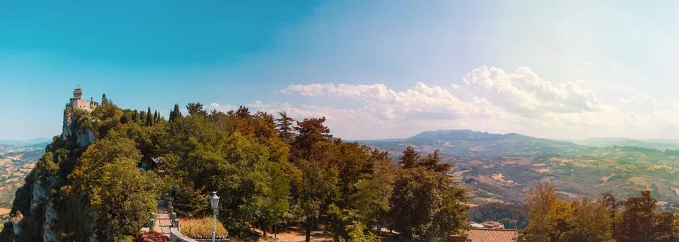 Large panorama with the second tower of Cesta in the Republic of San Marino Stock Photos