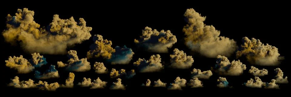 Large panoramic cumulus clouds background on black isolated. concept Stock Illustration