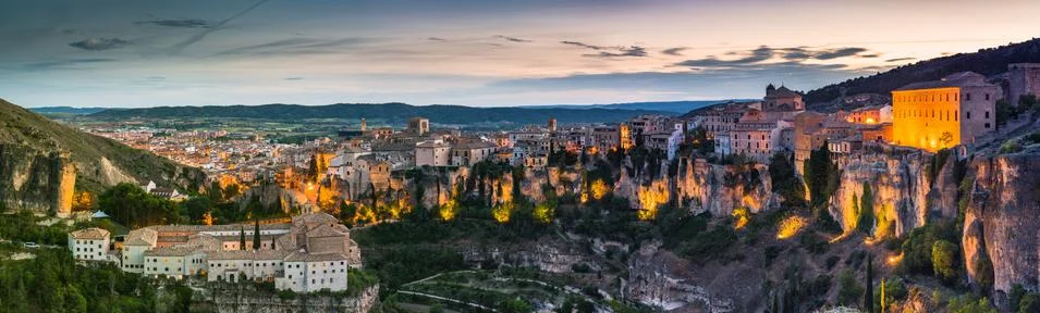 Large panoramic image of Cuenca hanging houses and cliffs,Spain Stock Photos