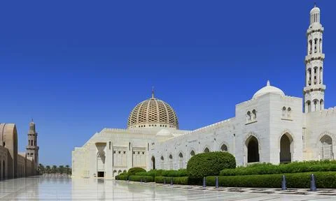 Large panoramic view of Sultan Qaboos Grand Mosque in Muscat, Oman. Stock Photos