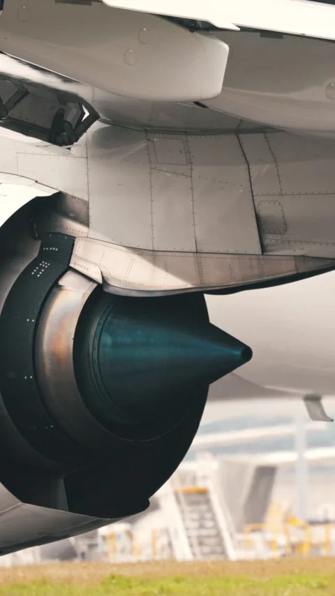 Large passenger airplane engine and wing detail on airport tarmac Stock Footage 327637366