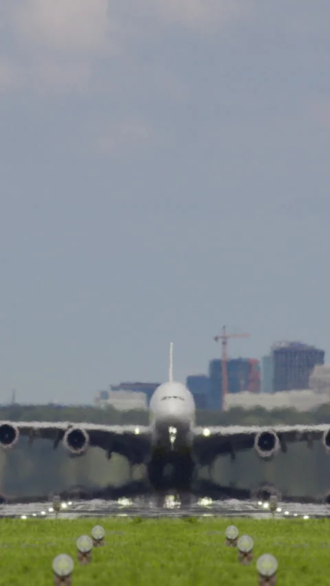 Large passenger airplane taking off over city skyline Stock Footage 306670860