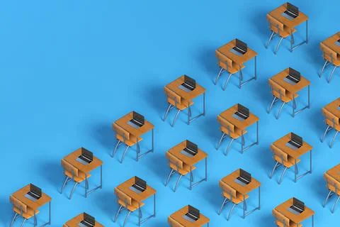 Large pattern of School desks, books and laptops. 3d illustration Stock Illustration