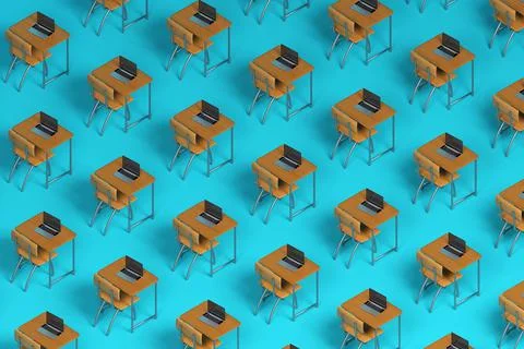 Large pattern of School desks, books and laptops. 3d illustration Stock Illustration
