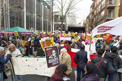 Large Peaceful Protest March With Banners in City Street. London, UK, 16 March Stock Photos
