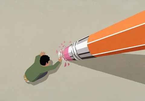 Large pencil eraser erasing as boy draws Stock Illustration