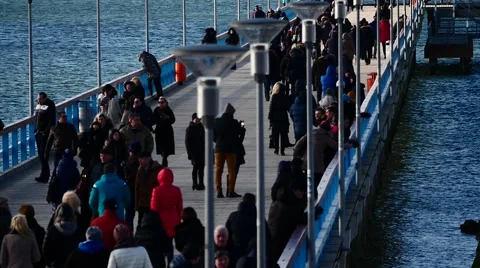 Large people crowd walking on a bridge top view 2 Stock Footage 46949414