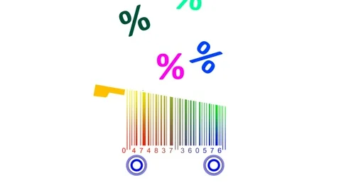 Large percentages of discounts in shops. shopping carts made from barcode. Stock Footage