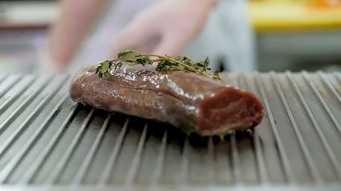 Large piece of fresh beef meat prepared on a grill pan Stock Footage 106186151