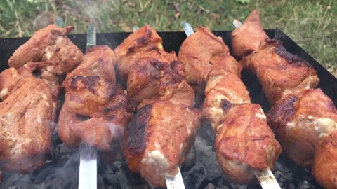 Large pieces of barbecue on the grill close-up. Family picnic Stock Footage 135626797