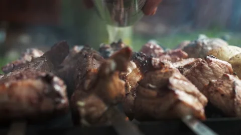 Large pieces of meat on a skewer in the smoke from the grill. a man's hand fills Stock Footage 166314330