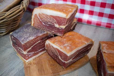 Large pieces of raw ham Stock Photos
