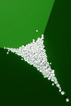 A large pile of abstract white cubes near a green wall. Background 3d renderi 스톡 일러스트