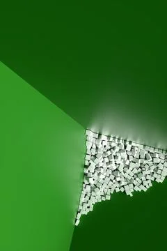 A large pile of abstract white cubes near a green wall. Background 3d renderi Illustrazione stock