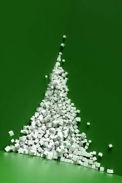 A large pile of abstract white cubes near a green wall. Background 3d renderi Illustrazione stock