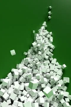 A large pile of abstract white cubes near a green wall. Background 3d renderi Stock Illustration