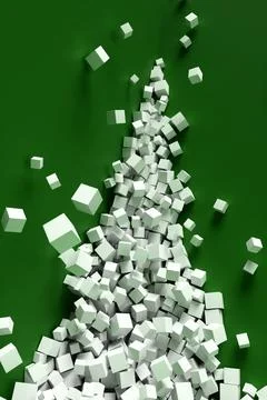 A large pile of abstract white cubes near a green wall. Background 3d renderi Illustrazione stock