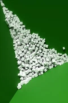 A large pile of abstract white cubes near a green wall. Background 3d renderi Illustrazione stock