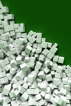 A large pile of abstract white cubes near a green wall. Background 3d renderi Illustrazione stock