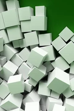 A large pile of abstract white cubes near a green wall. Background 3d renderi Illustrazione stock