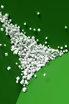 A large pile of abstract white cubes near a green wall. Background 3d renderi Stock Illustration