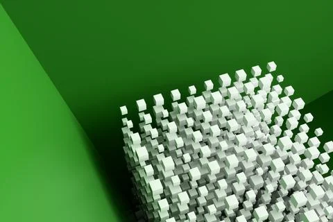 A large pile of abstract white cubes near a green wall. Background 3d renderi Illustrazione stock