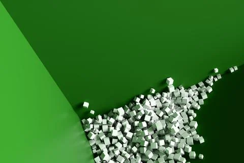 A large pile of abstract white cubes near a green wall. Background 3d renderi Stock Illustration