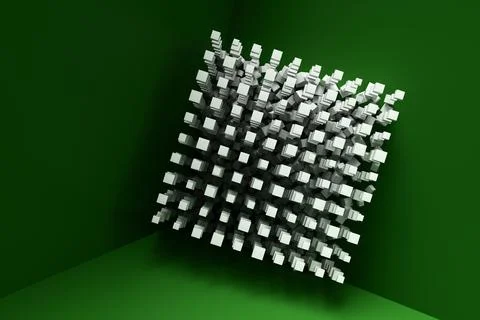 A large pile of abstract white cubes near a green wall. Background 3d renderi Illustrazione stock