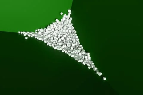 A large pile of abstract white cubes near a green wall. Background 3d renderi Stock Illustration