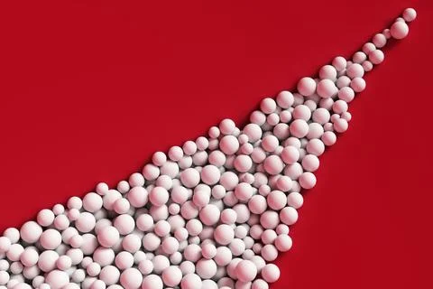 A large pile of abstract white spheres near a red wall. Background 3d renderi Stock Illustration