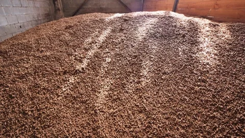 Large pile of brown feed pellets for livestock in barn with shovel Stock Footage 346310781