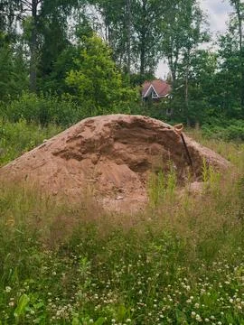 Large pile of construction or backfill sand with a shovel stuck into it Photos