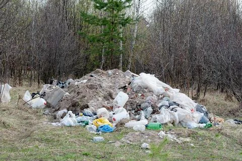 A large pile of garbage on the background of the forest. Environmental proble Stock Photos
