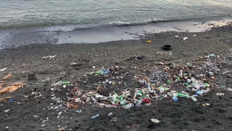 A large pile of garbage from plastic bottles on the shore of the sea. Stock Footage 253060479