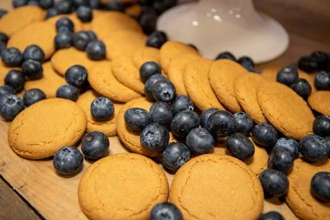 A large pile of ginger biscuits and blueberries Foto stock