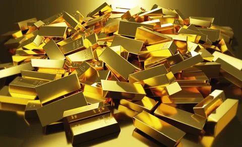 A large pile of gold bars in a row reflecting light. Stock-Illustration