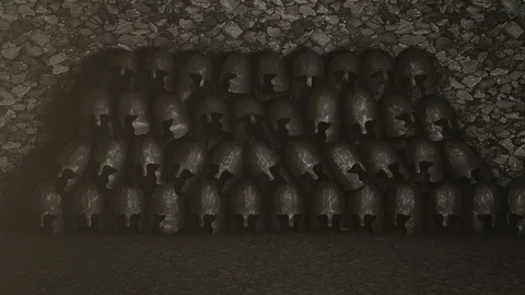 Large Pile of Helmets from Medieval Time Stock Footage 107116504