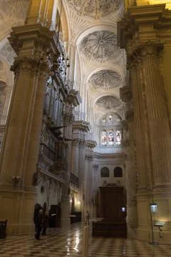 Large pillars and vaults in interior of Malaga Cathedral, Malaga, Spain Stock Photos