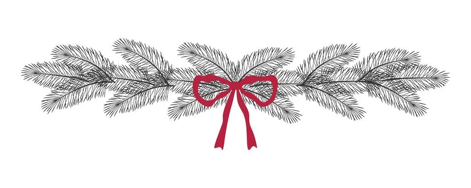 Large pine branches with red bow, hand-drawn vector for holiday frame,  bor.. Stock Illustration