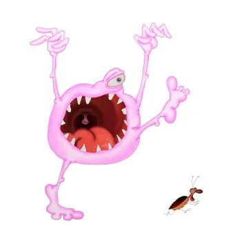A large pink gum monster chasing a fleeing cockroach. illustration on a white Stock Illustration