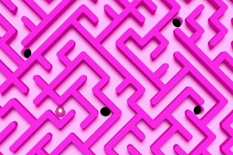 Large pink maze or labyrinth with chrome ball and holes over pink background, Illustrazione stock