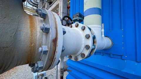 Large pipe joint secured with multiple bolts and nuts to prevent leakage fr.. Stock Photos