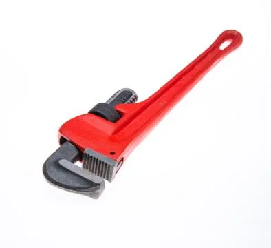 Large Pipe Wrench with Red Handle on White Stock Photos