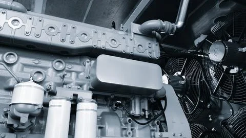 Large  piston gas engine electric generator with many valves and pipes. The e Stock Photos