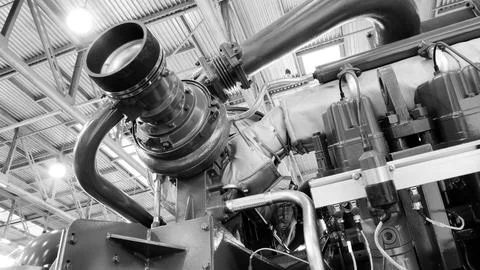 Large  piston gas engine electric generator with many valves and pipes. The e Stock Photos