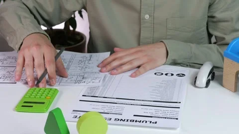 A large plan of an estimate and drawing on a table in front of a man who studies 스톡 동영상 314258284